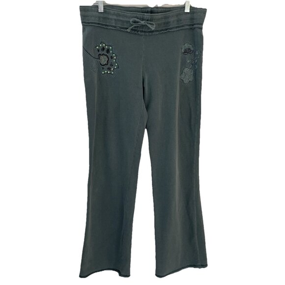 VTG Y2K Vertigo Paris Embroidered Track Pants Women's L Olive Double Sided Bling - Picture 1 of 12